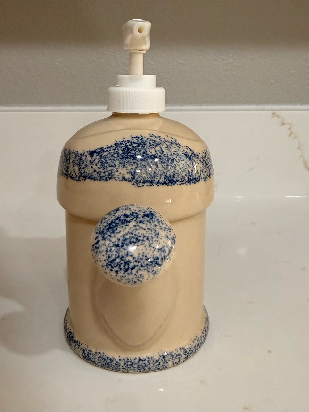 Cream Ceramic Tulip Soap Dispenser with Blue Speckle Accent - Picture 2 of 5